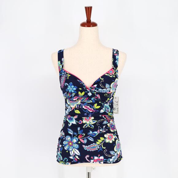 Anne Cole Women Navy Floral Twist Front Bandeau Tankini Swim Top Size 34B/32C - Picture 1 of 5